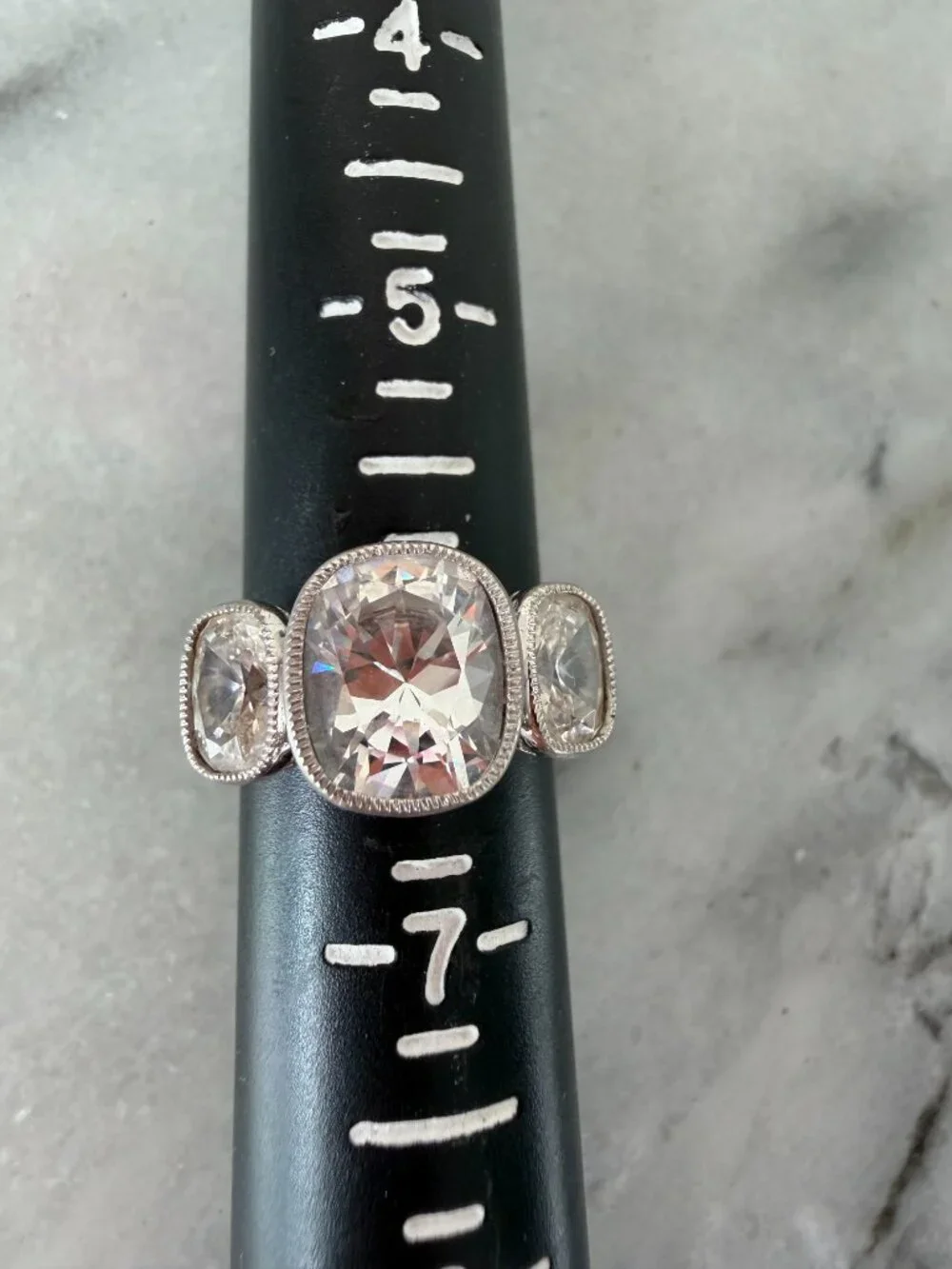 Vintage Jean Dousset Heirloom 925 CZ 3-Stone Mill-grain Cushion Cut Ring - Picture 4 of 17